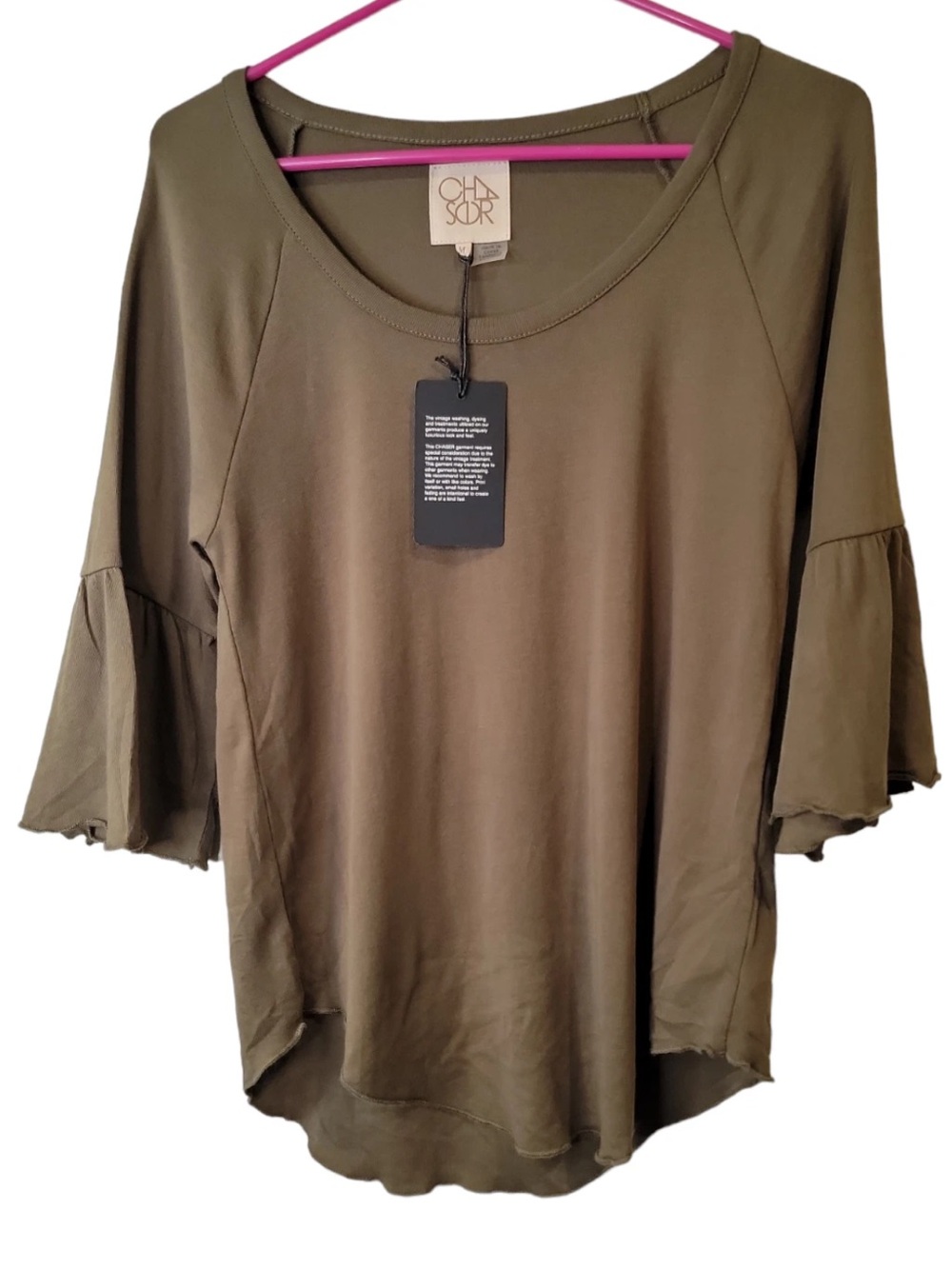 Chaser Brand Olive Scoop Neck with Flared 3/4 Sleeves Top